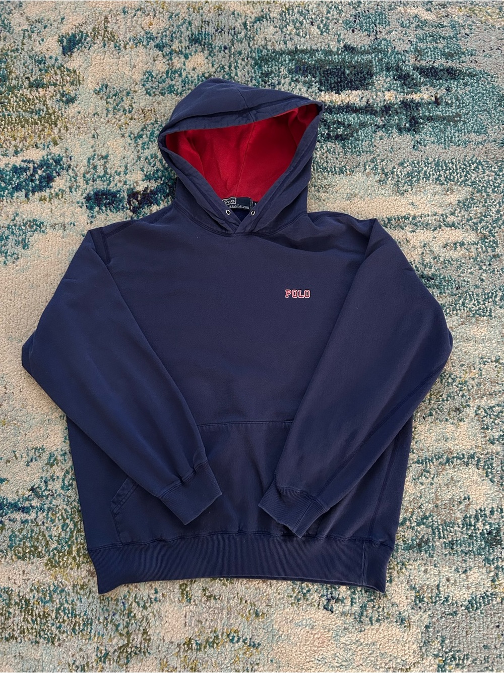 90s Vintage Ralph Lauren Navy Hoodie with Red Lining - Men